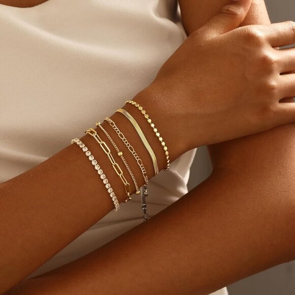 Waterproof Gold Bracelets Set 14K Plated Dainty Stackable Jewelry for Women - Picture 3 of 9